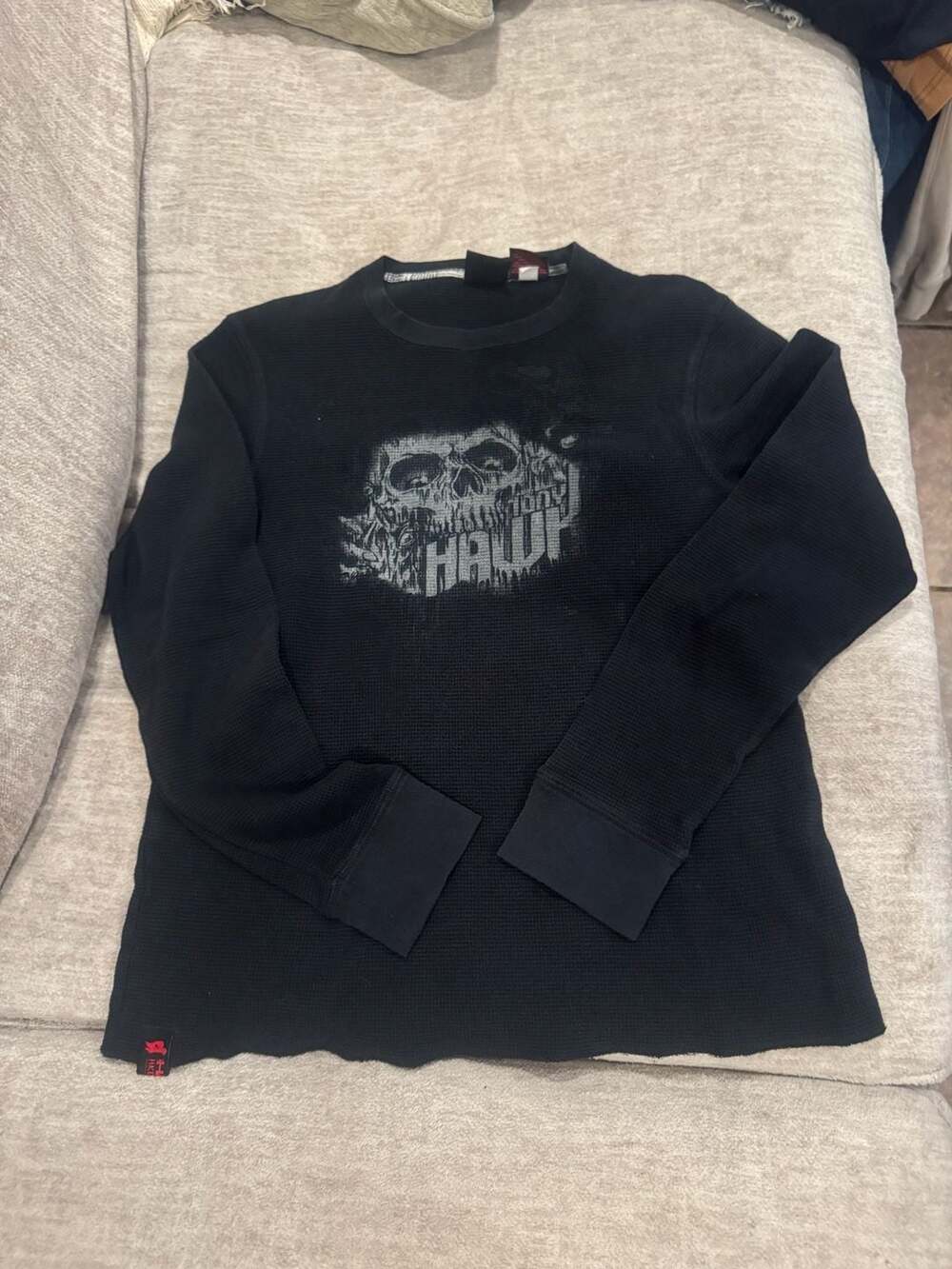 VtgY2K Tony Hawk Grunge Waffle Knit Shirt Size M Black Skull Long Sleeve Thermal